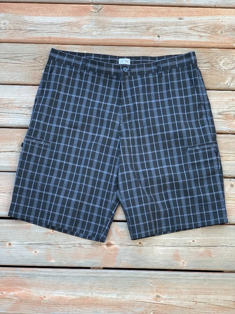 Adidas Cargo Shorts Mens 36 Black Blue Plaid Flat Front Lightweight Stretch
